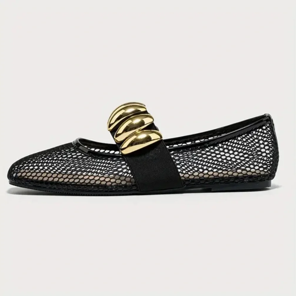New Fishnet Mesh Ballet Flats Gold Metallic Buckle NWT Black Slip On Square Toe - Picture 3 of 9